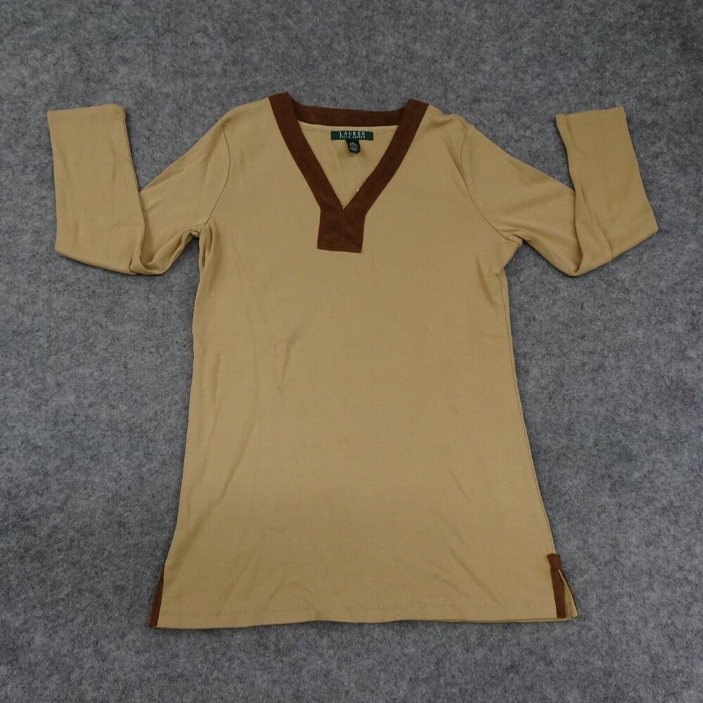 Ralph Lauren Top Womens Small V Neck Shirt Beige Khaki Tan Brown Cotton Long